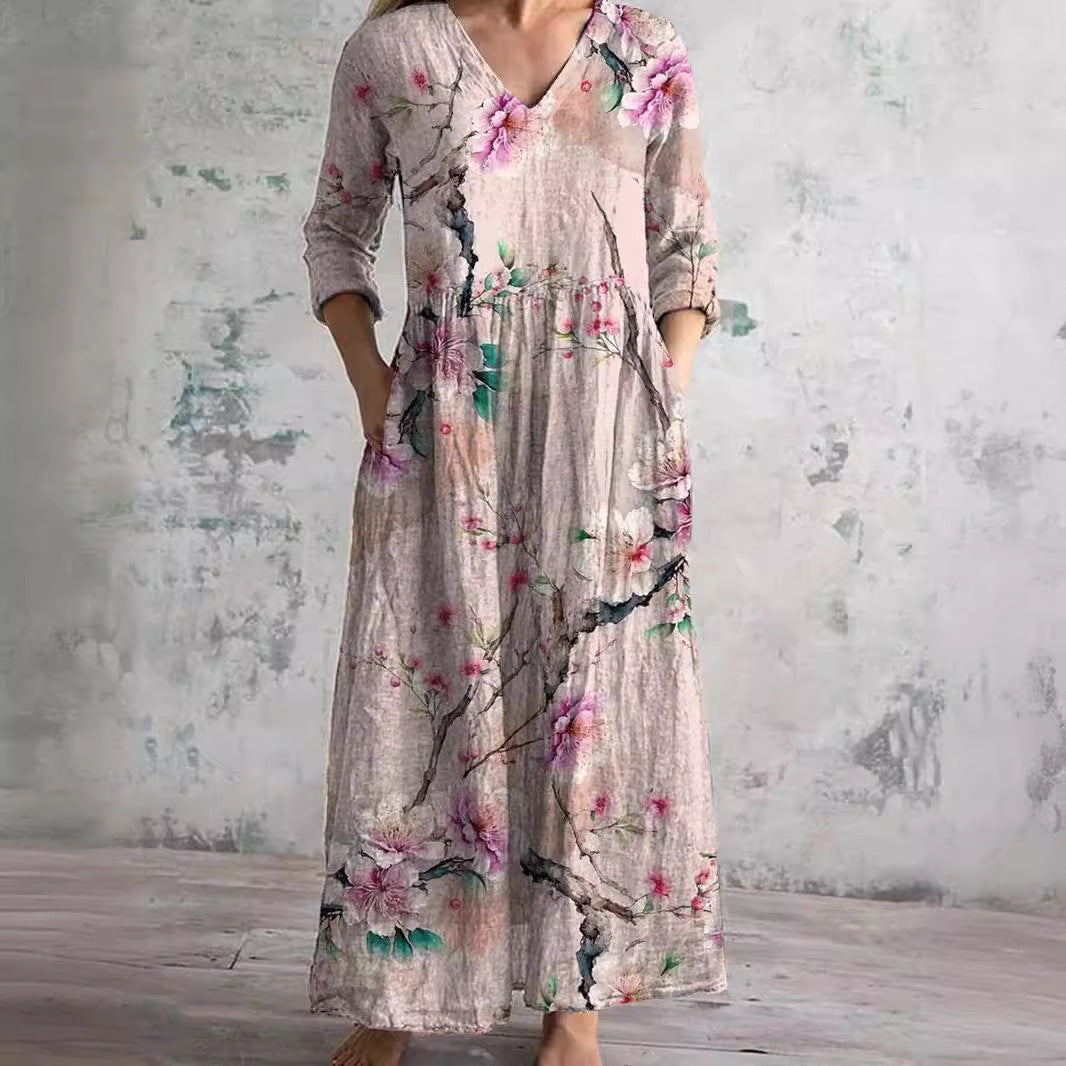 Abito lungo Donna Scollo a V Stile Boho Estivo - Vesarelli