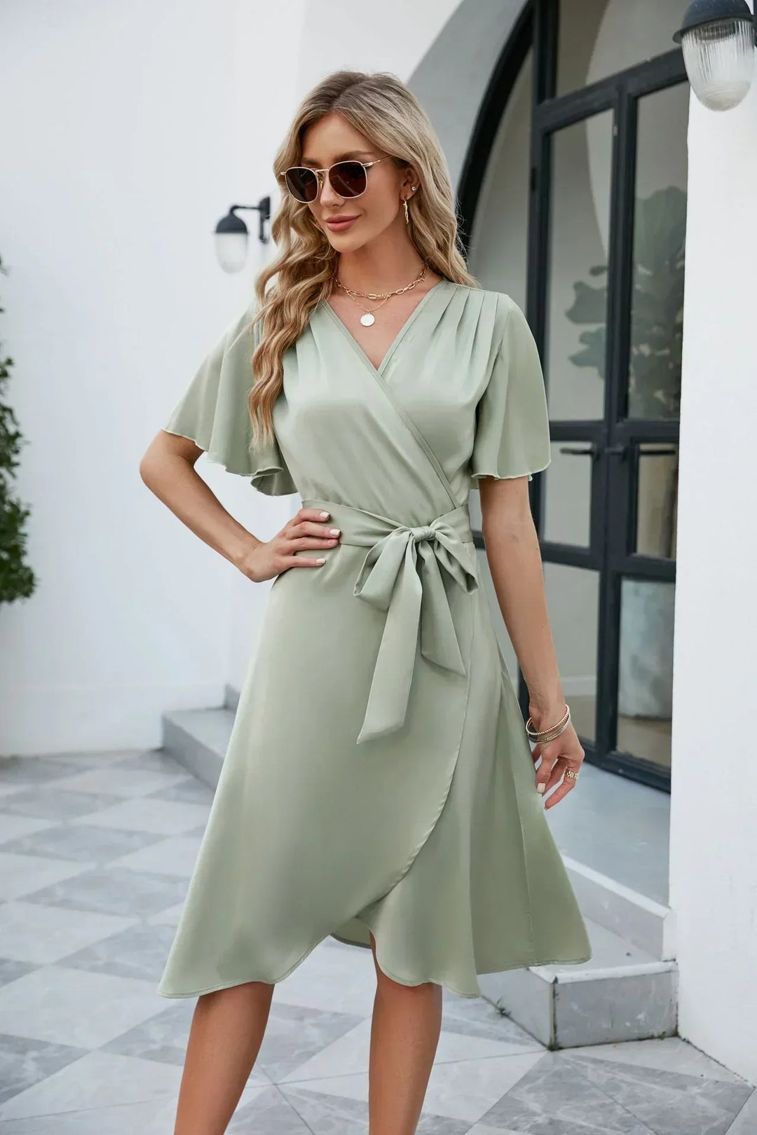 Abito Midi Donna Fluido Manica Corta con Cintura Comfort - Vesarelli