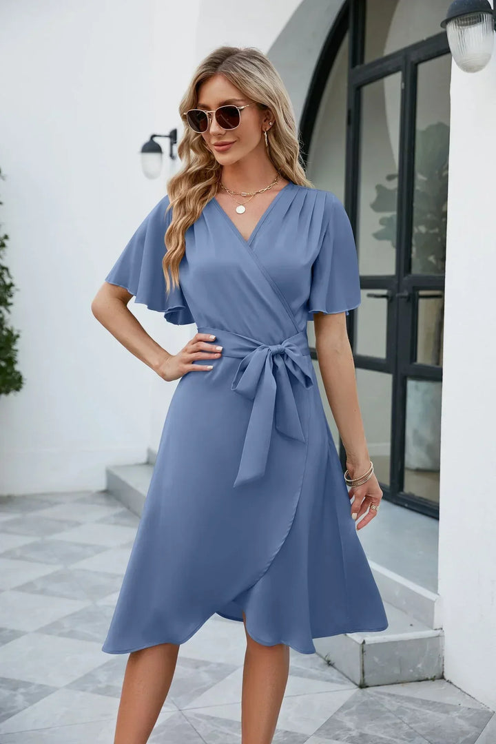 Abito Midi Donna Fluido Manica Corta con Cintura Comfort - Vesarelli