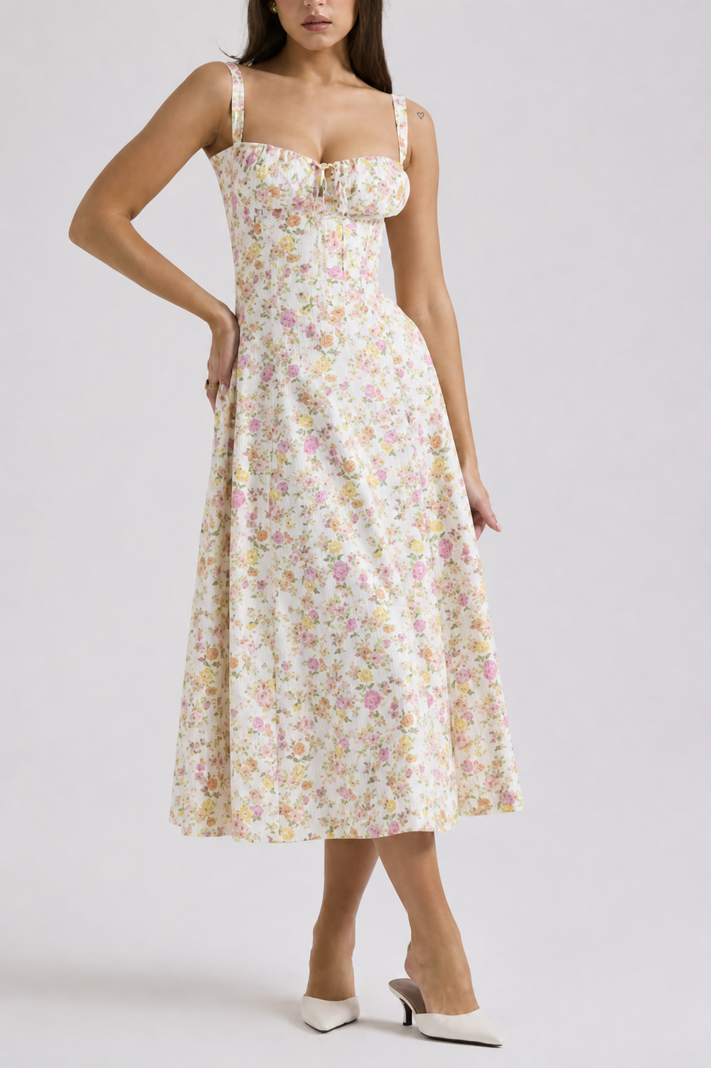 Abito Midi Donna in Tessuto Floreale con Bretelle Corsetto - Vesarelli