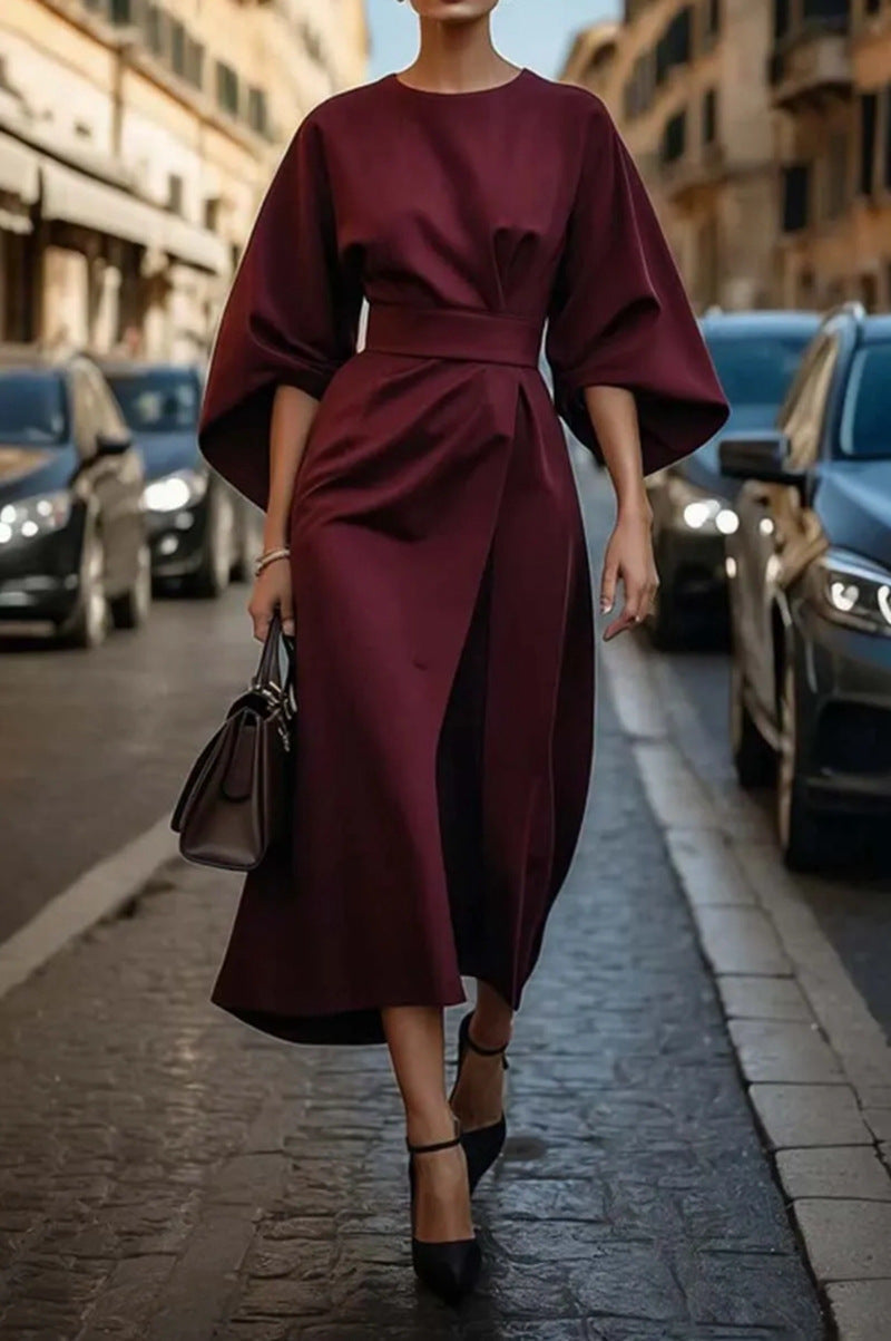 Abito Midi Donna Manica Larga Vestibilità Definita Elegante - Vesarelli
