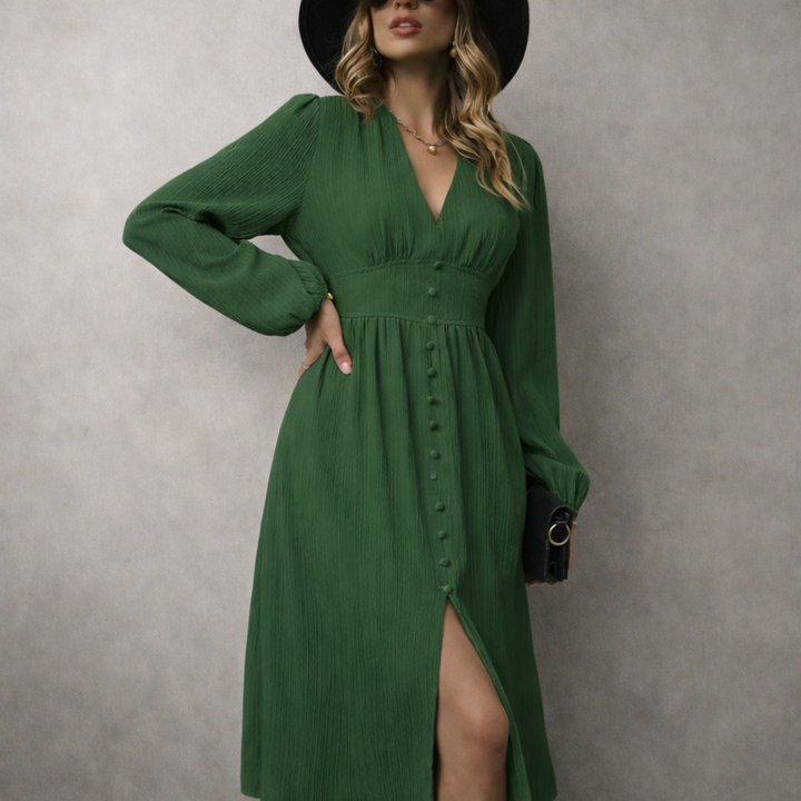 Abito Midi Donna Vintage Scollo a V Maniche Lunghe Spacco - Vesarelli