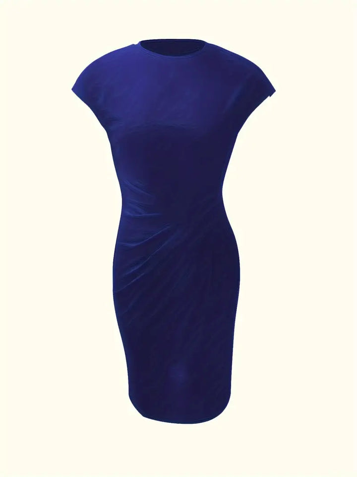 Abito tubino blu scuro elegante, maniche corte, scollo tondo, tessuto elasticizzato, perfetto per eventi formali e serate speciali.