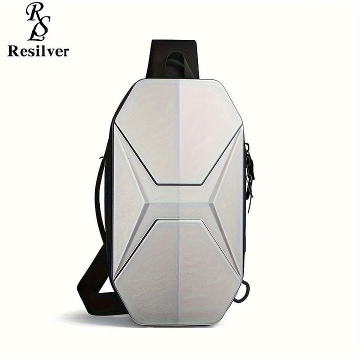 Zaino monospalla Resilver, design futuristico, colore argento, forma esagonale, ideale per laptop, resistente e leggero, perfetto per viaggi urbani.