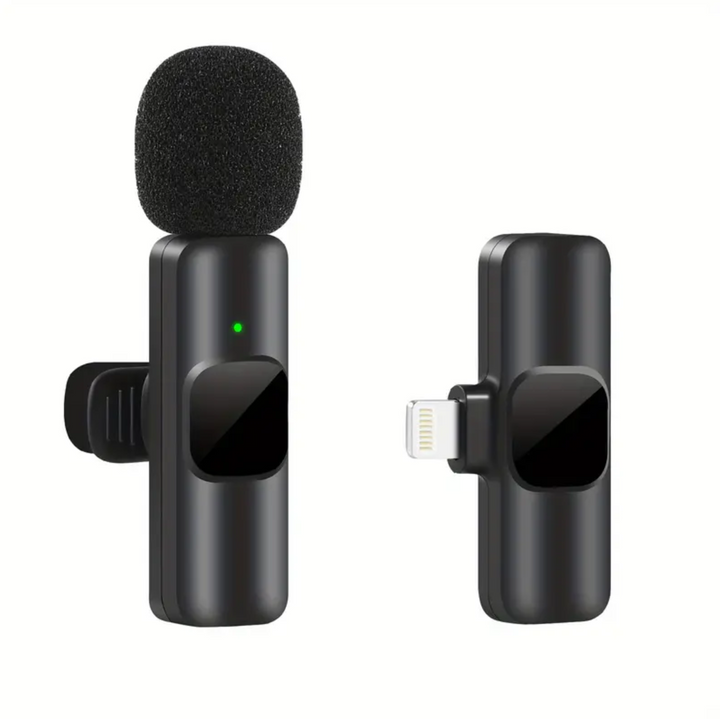 Microfono wireless nero con connettore Lightning, ideale per iPhone, registrazione audio di alta qualità, compatto e portatile, accessori smartphone.
