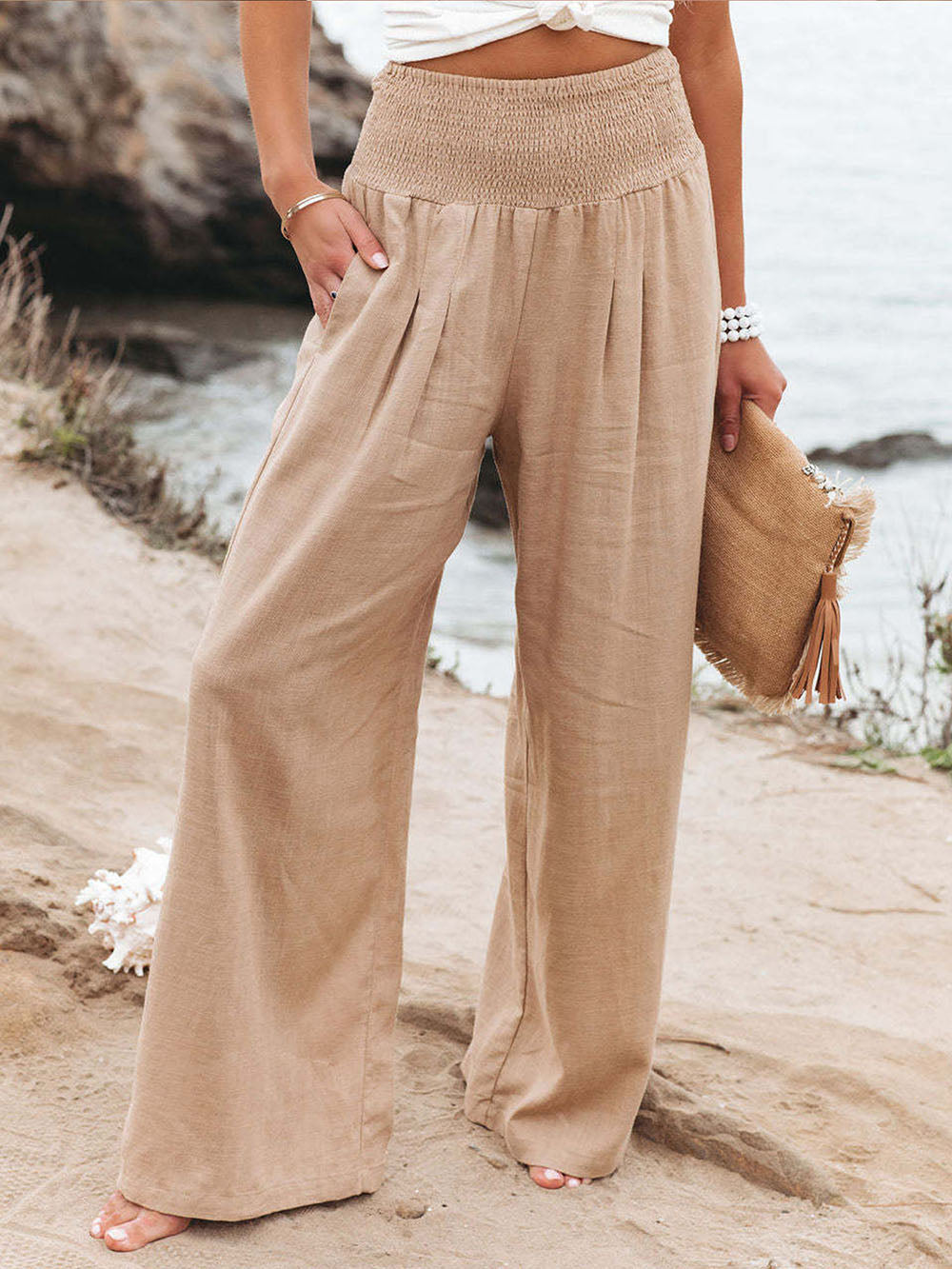 Pantaloni Donna in Lino Vita Elastica Vestibilità Ampia