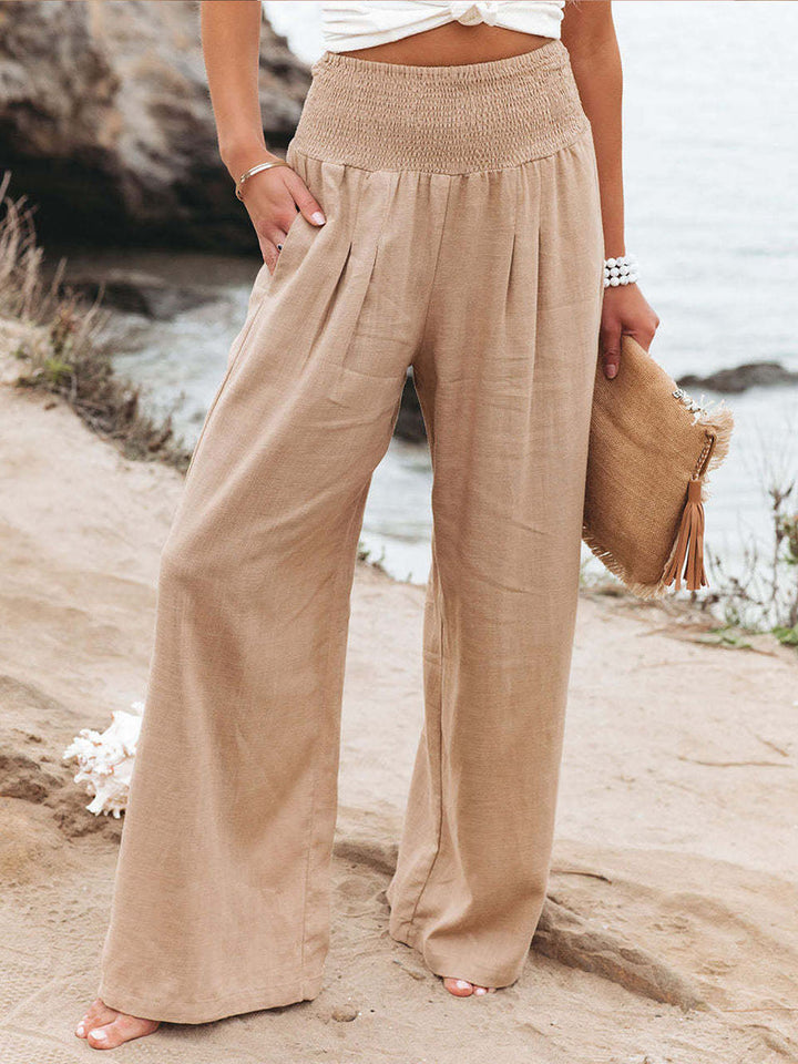 Pantaloni Donna in Lino Vita Elastica Vestibilità Ampia