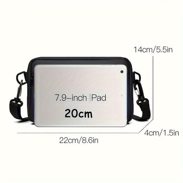 Borsa a tracolla nera per tablet 7.9 pollici, dimensioni 22x14x4 cm, con cinghia regolabile, compatibile con iPad mini, design compatto e leggero.