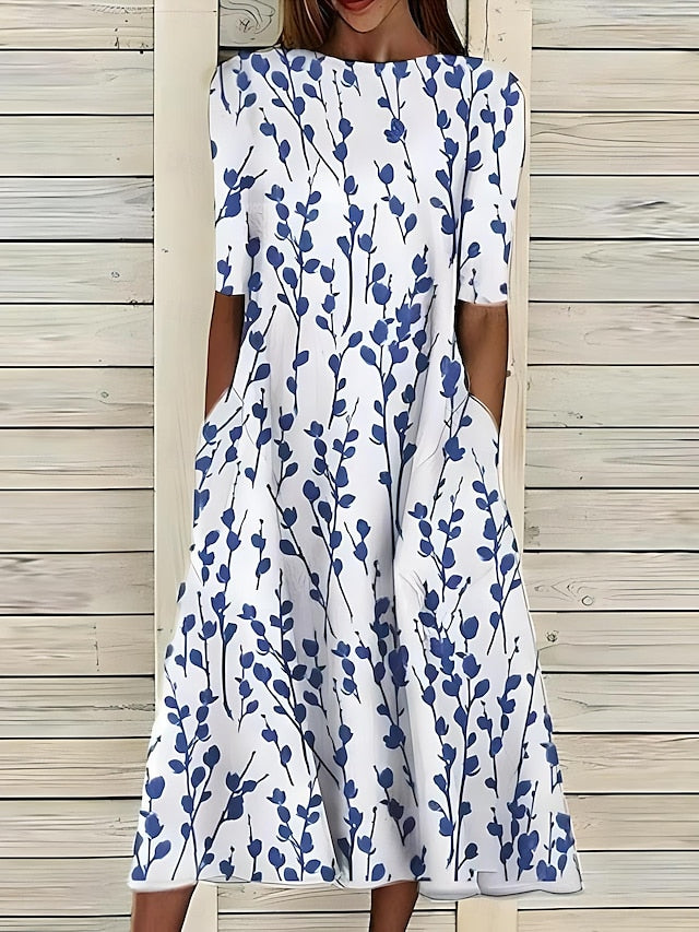 Abito Midi Donna Stampa Floreale Scollo Tondo Estivo