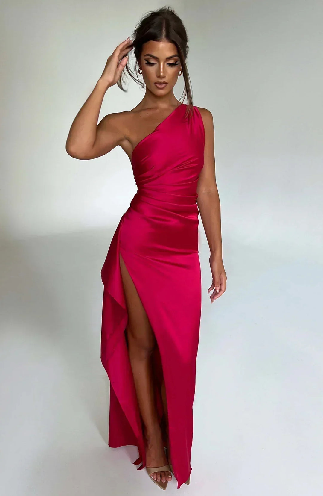 Abito Maxi Donna Satinato Asimmetrico Elegante
