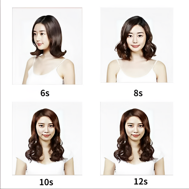 Quattro immagini di una donna con diverse acconciature ondulate, etichettate con tempi di styling: 6s, 8s, 10s, 12s. Capelli castani, look elegante.