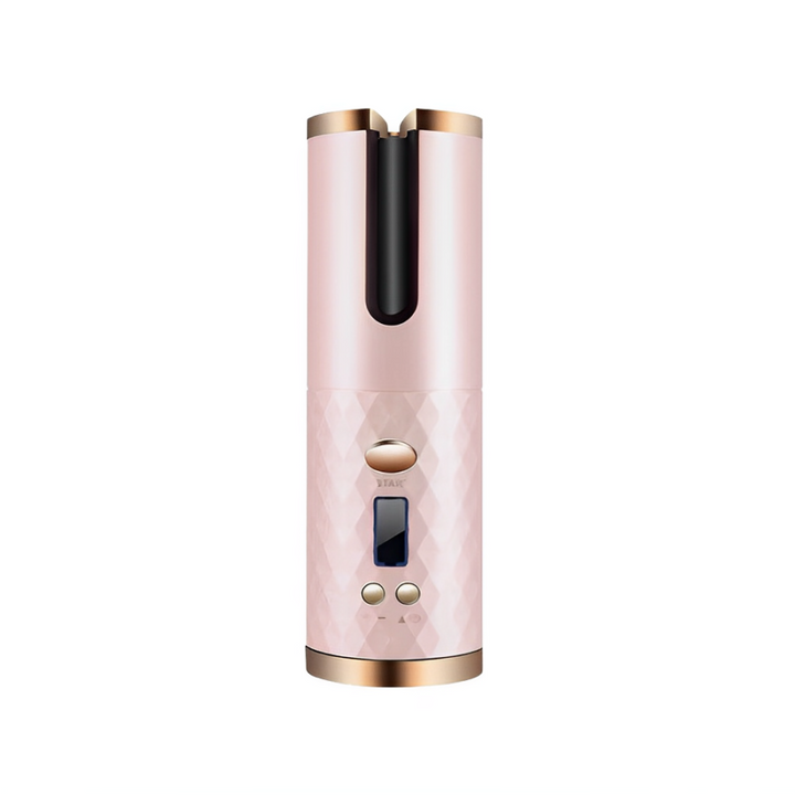 Arricciacapelli automatico rosa con display digitale, design cilindrico elegante, rifiniture dorate. Strumento styling capelli portatile e moderno.