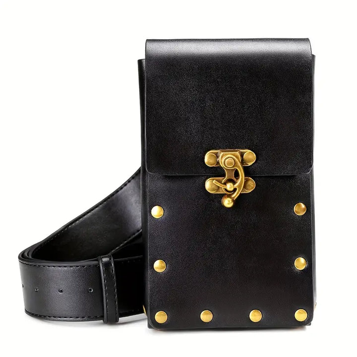 Marsupio in pelle nera con borchie dorate, chiusura a scatto, design elegante e compatto, ideale per moda uomo e donna, accessorio di tendenza.