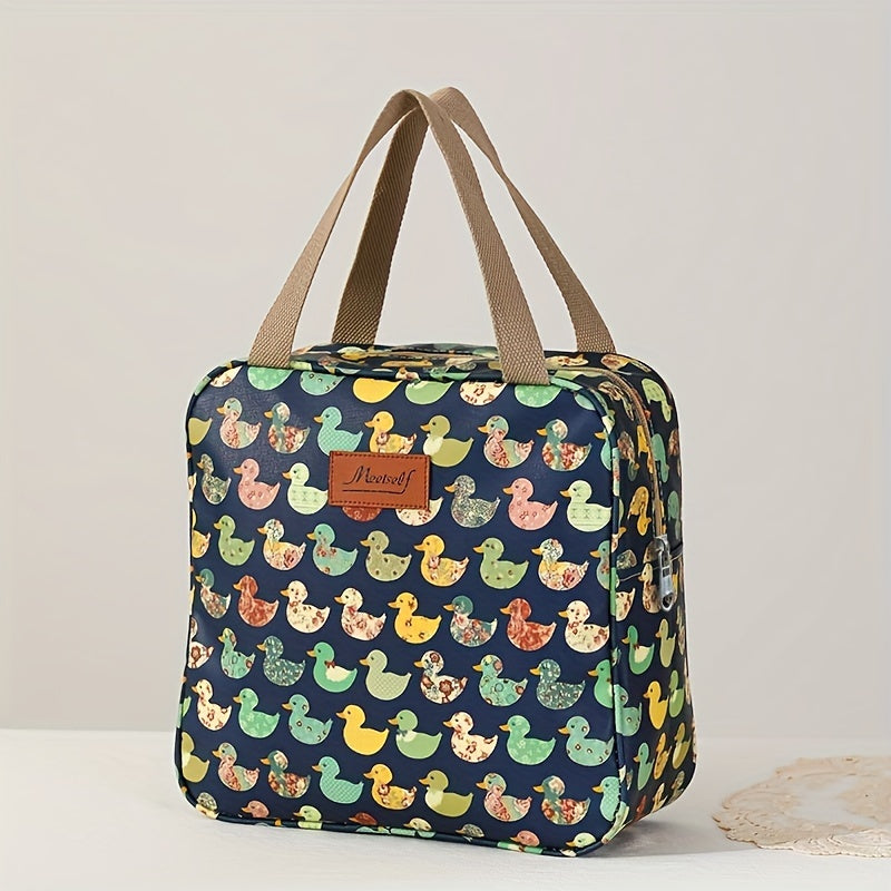 Borsa termica con stampa anatre colorate, manici beige, design quadrato. Ideale per picnic, pranzo al sacco, conservazione cibi.