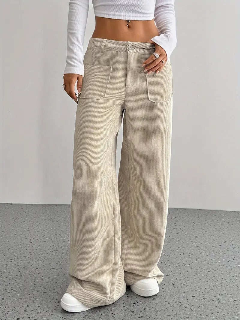 Pantaloni Donna a Coste Vita Alta Gamba Larga