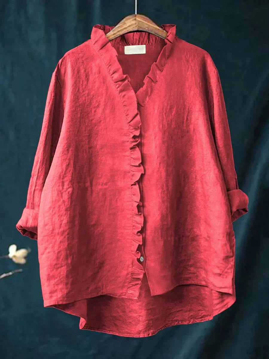 Camicia Donna in Lino Cotone con Volant e Bottoni Manica Corta - Vesarelli