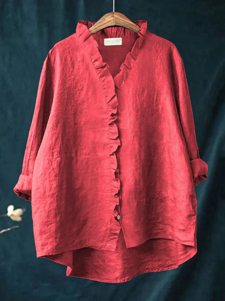 Camicia Donna in Lino Cotone con Volant e Bottoni Manica Corta - Vesarelli
