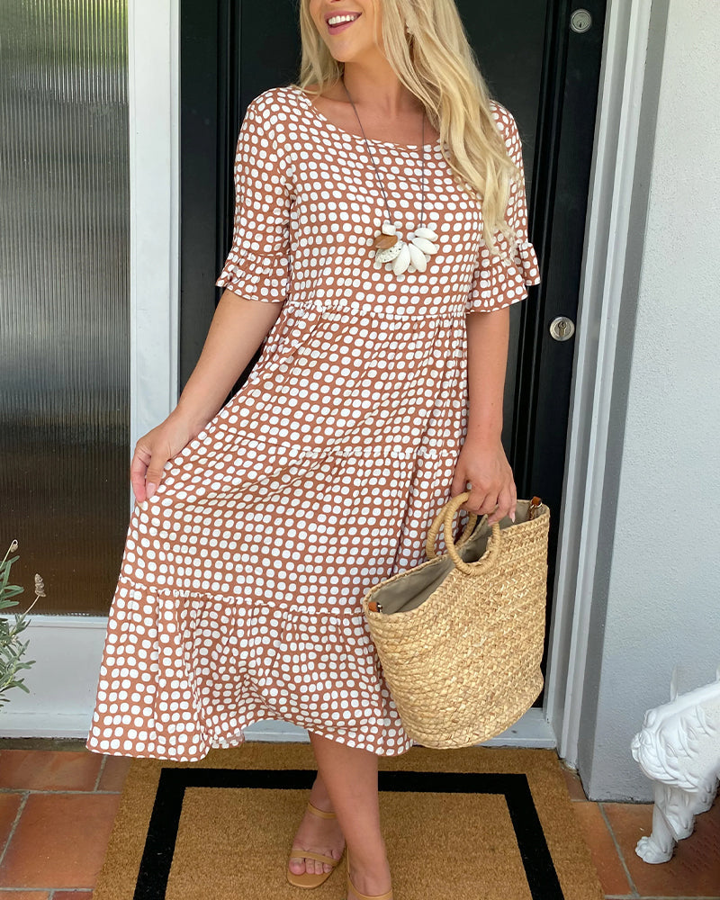 Abito Midi Donna Scollo Tondo Stampa Pois