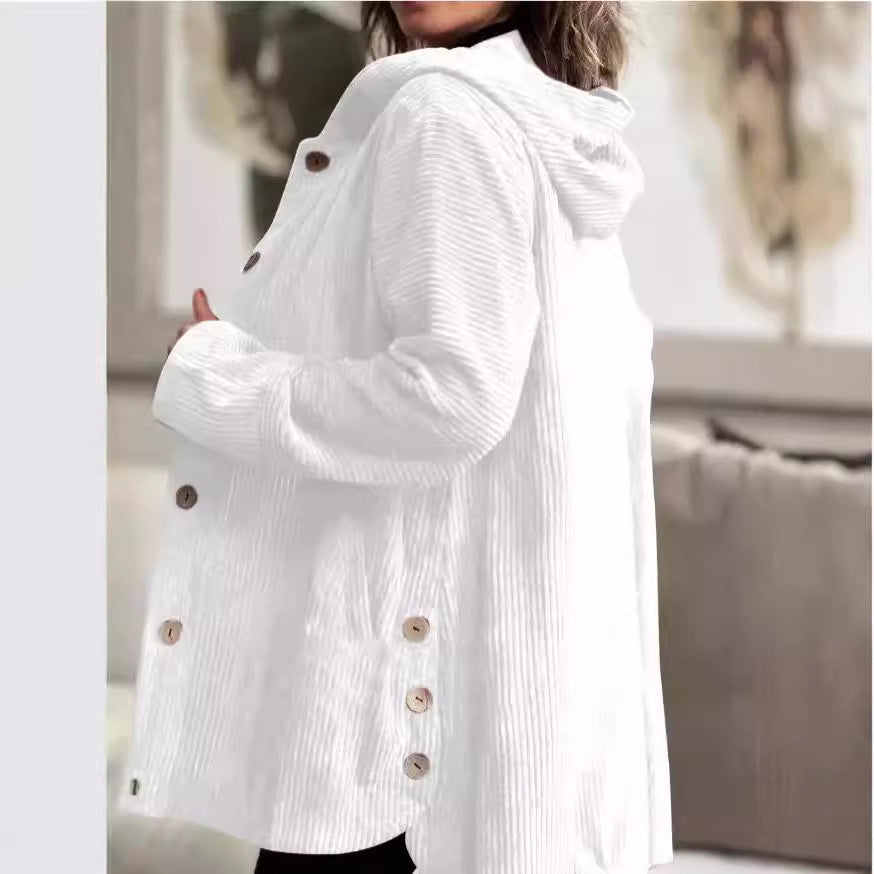Giacca Donna in Velluto a Coste con Cappuccio Maglione Casual Media