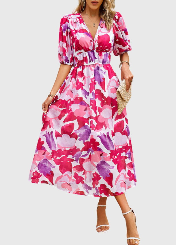 Abito Midi Donna in Tessuto Floreale Taglio Valorizzante