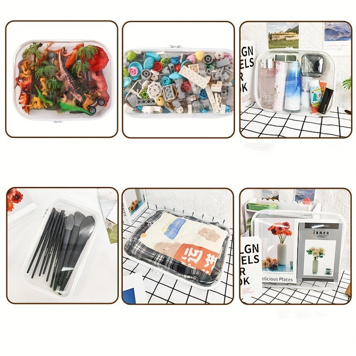 Contenitori di plastica trasparente con coperchio, contenenti giocattoli, mattoncini, posate nere, coperte e articoli per la casa. Organizzazione domestica.