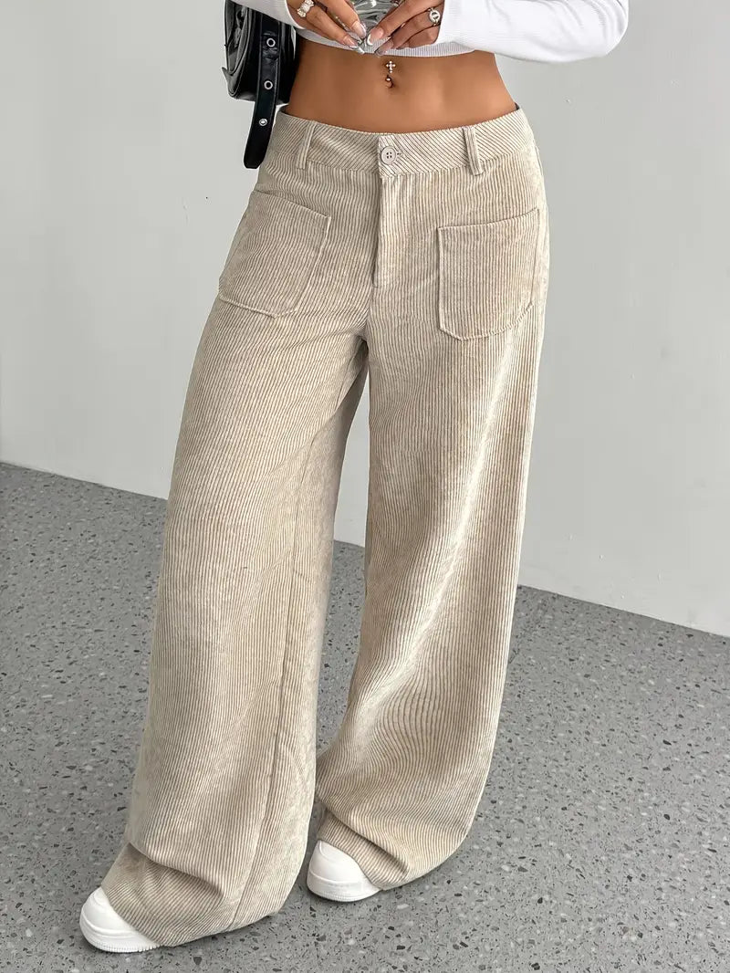 Pantaloni Donna a Coste Vita Alta Gamba Larga