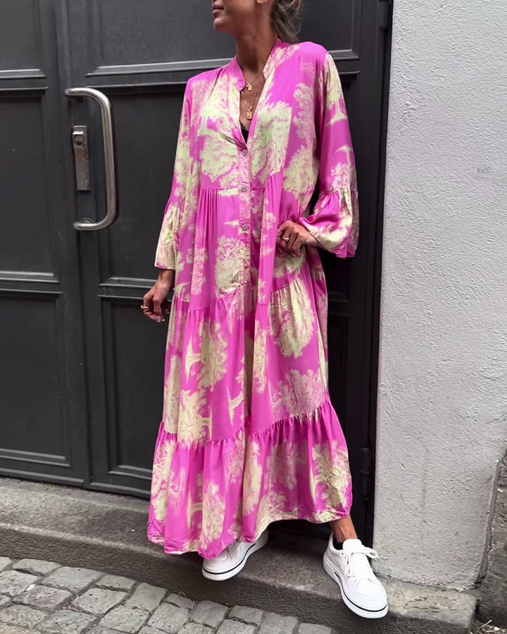 Abito Lungo Donna Stampato Maniche Arricciate Vestibilità Ampia