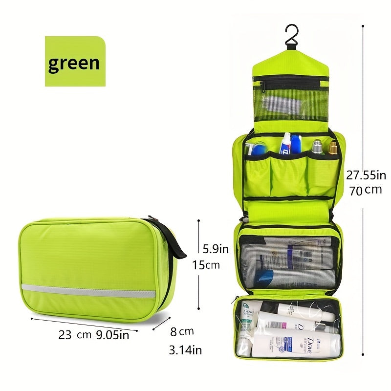 Borsa da toilette verde con gancio, scomparti multipli, dimensioni 23x8x15 cm chiusa, 70 cm aperta. Ideale per viaggi, organizer cosmetici.