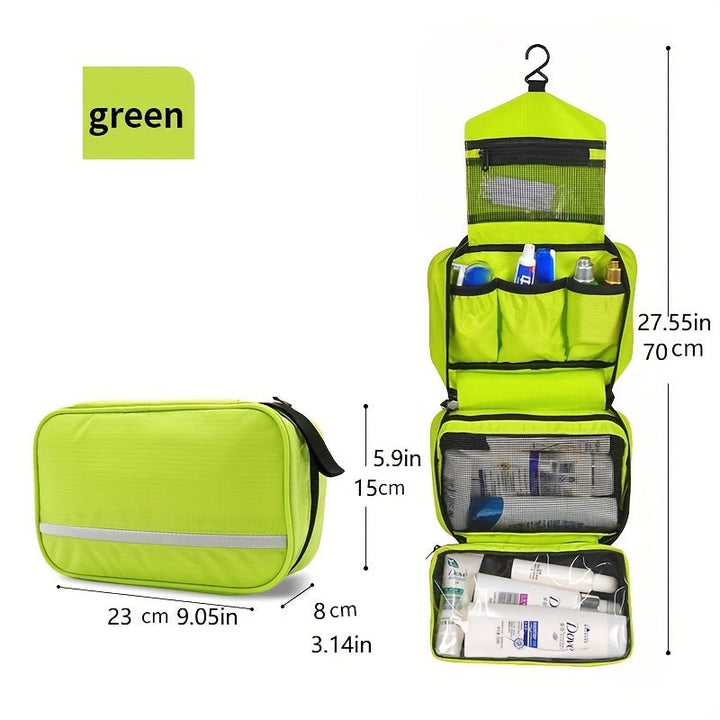 Borsa da toilette verde con gancio, scomparti multipli, dimensioni 23x8x15 cm chiusa, 70 cm aperta. Ideale per viaggi, organizer cosmetici.