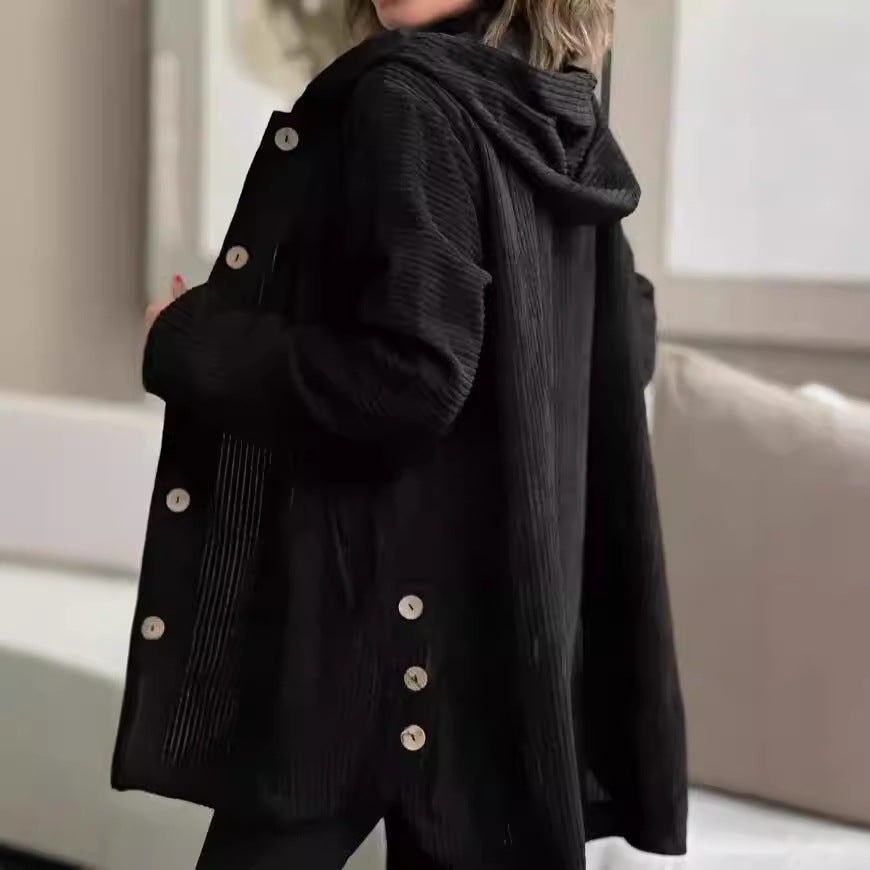 Giacca Donna in Velluto a Coste con Cappuccio Maglione Casual Media