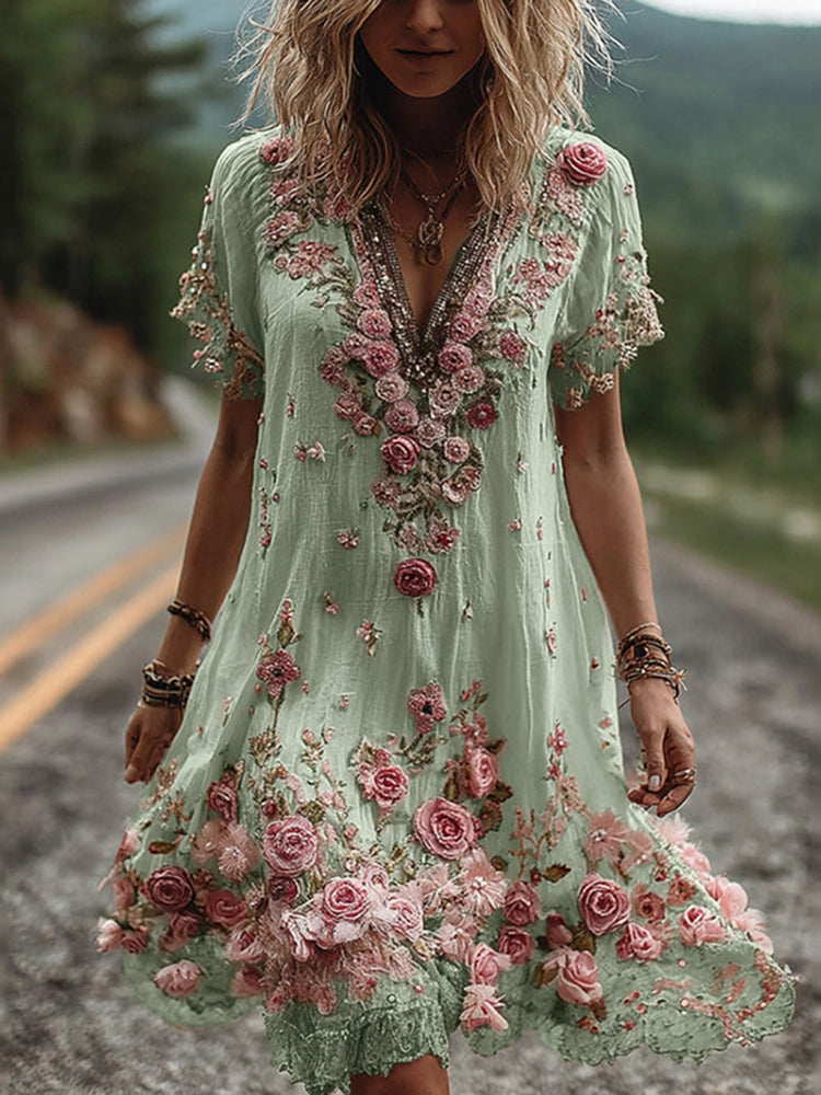 Abito Donna Ricamato Floreale Scollo a V Stile Elegante