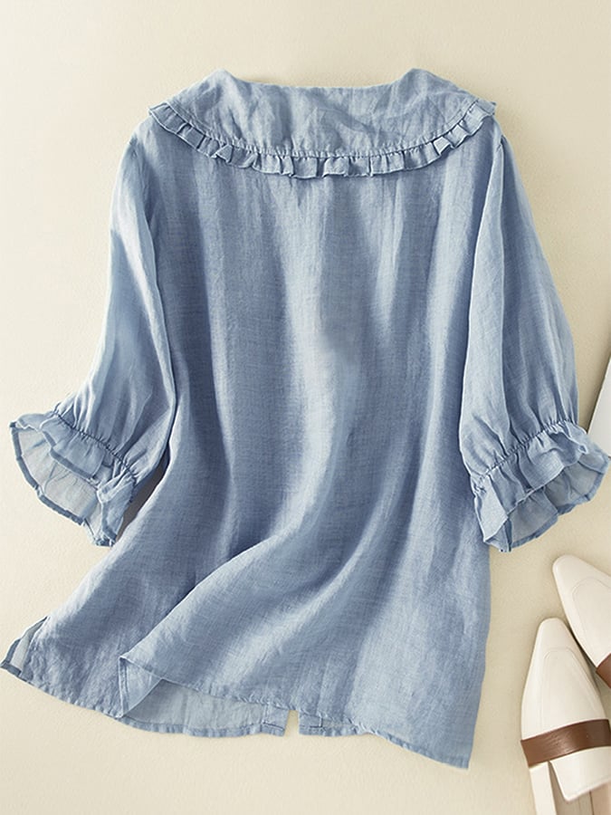 Blusa Donna Lino Cotone Ampia Colletto Arricciato