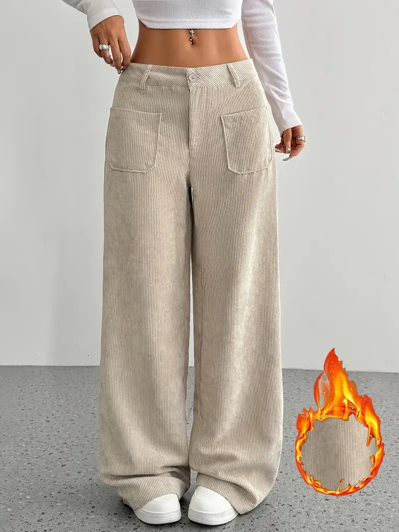 Pantaloni Donna a Coste Vita Alta Gamba Larga