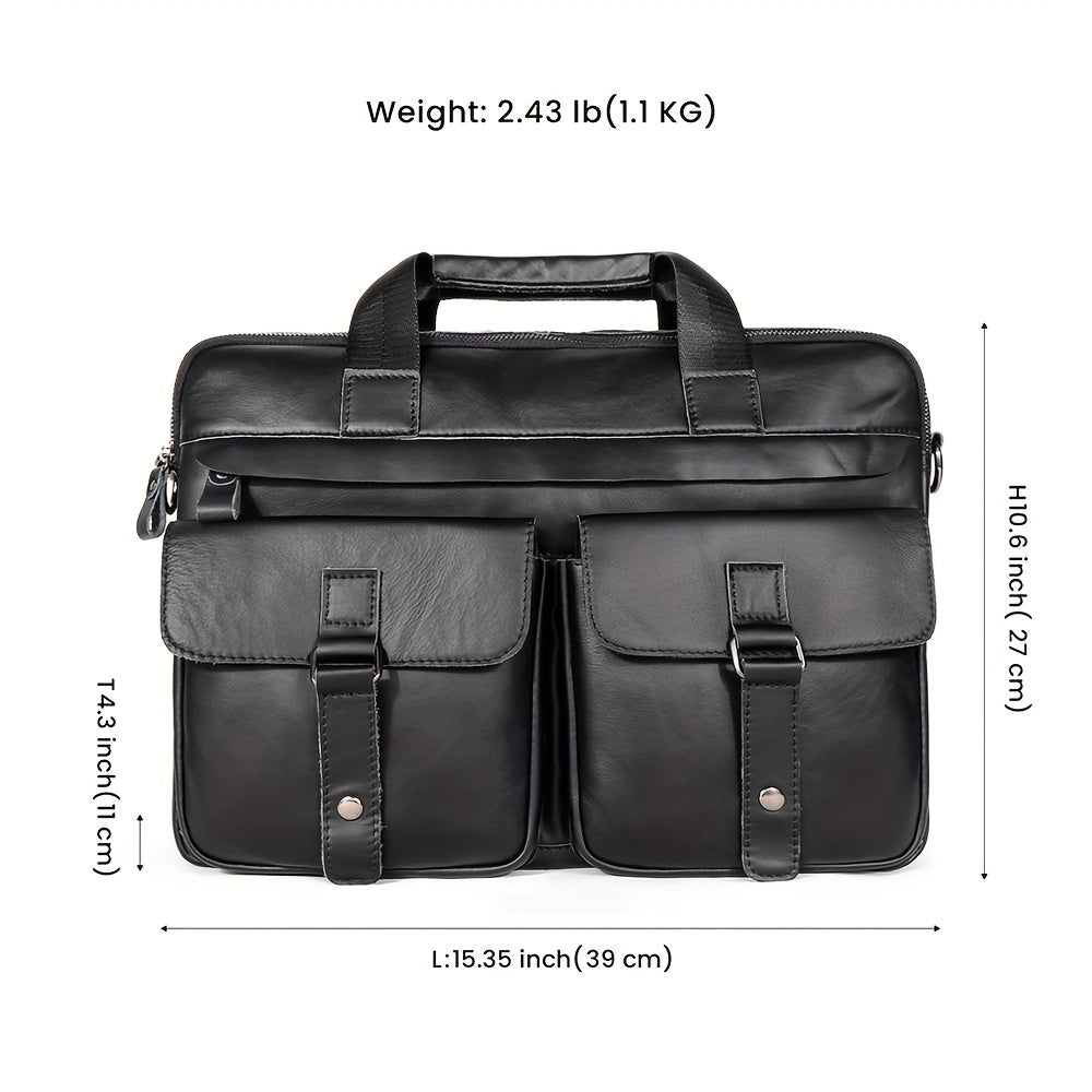 Borsa a tracolla in pelle nera con doppie tasche frontali, manici superiori, dimensioni 39x27x11 cm, peso 1,1 kg. Elegante e funzionale per lavoro.