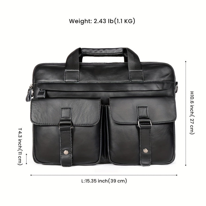Borsa a tracolla in pelle nera con doppie tasche frontali, manici superiori, dimensioni 39x27x11 cm, peso 1,1 kg. Elegante e funzionale per lavoro.