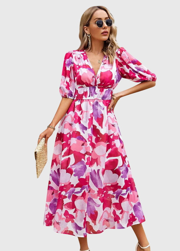 Abito Midi Donna in Tessuto Floreale Taglio Valorizzante