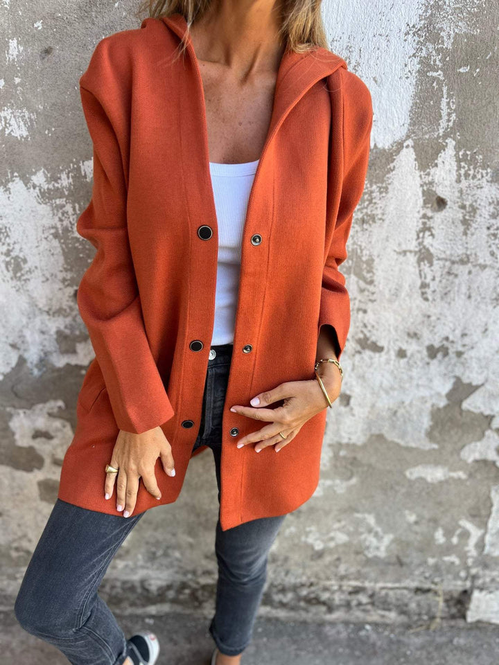 Cardigan Donna in Maglia con Cappuccio e Bottoni Casual
