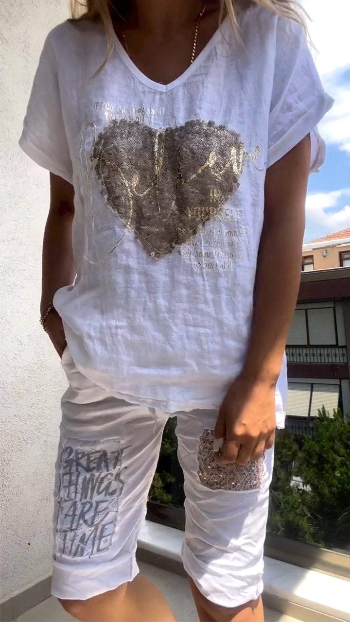 Completo Due Pezzi Donna Scollo a V Tessuto Goffrato Casual - Vesarelli