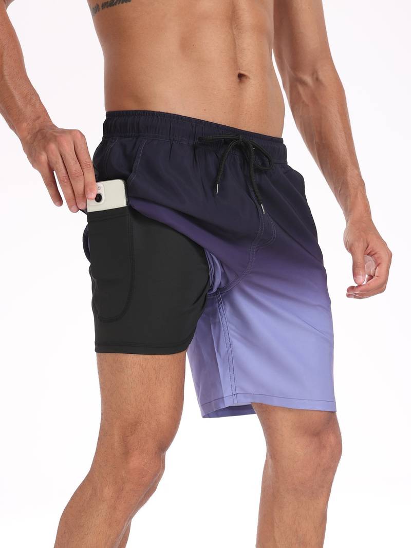 Shorts da uomo sfumati blu e neri con tasca per cellulare, design sportivo, elastico in vita, ideali per palestra e attività all'aperto.