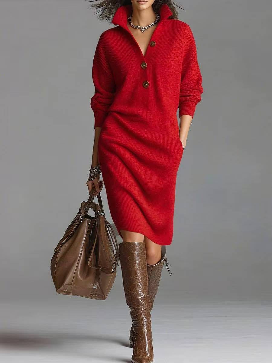 Abito Donna in Maglia Manica Lunga Scollo a V con Bottoni