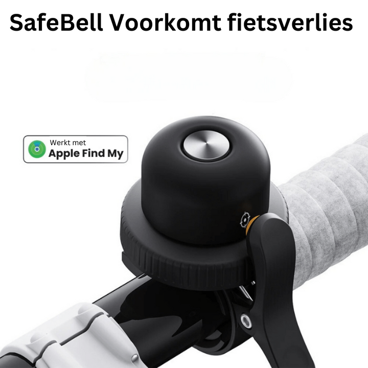 Campanello bici nero SafeBell con funzione anti-smarrimento, compatibile con Apple Find My, montato su manubrio con impugnatura grigia.