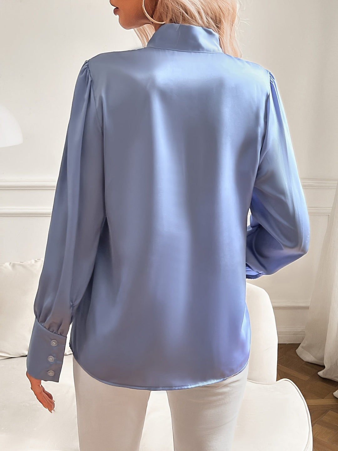 Chemisier Donna in Satin Maniche Lunghe Collo con Nodo Elegante