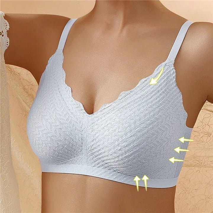 Reggiseno bianco senza cuciture, design a V profondo, spalline regolabili, tessuto traspirante, supporto confortevole, ideale per uso quotidiano.