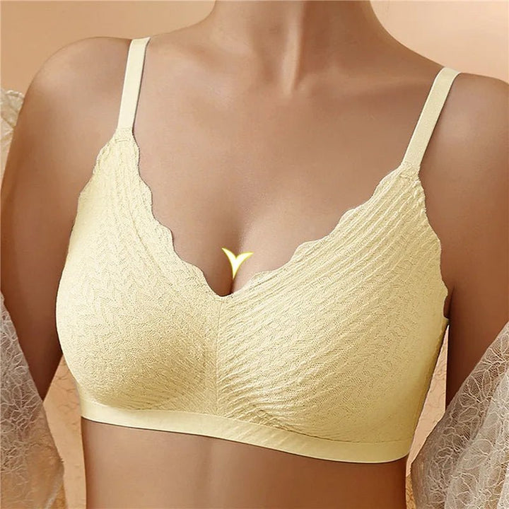 Reggiseno senza cuciture giallo chiaro, design a V, spalline regolabili, tessuto morbido e confortevole, ideale per supporto quotidiano.