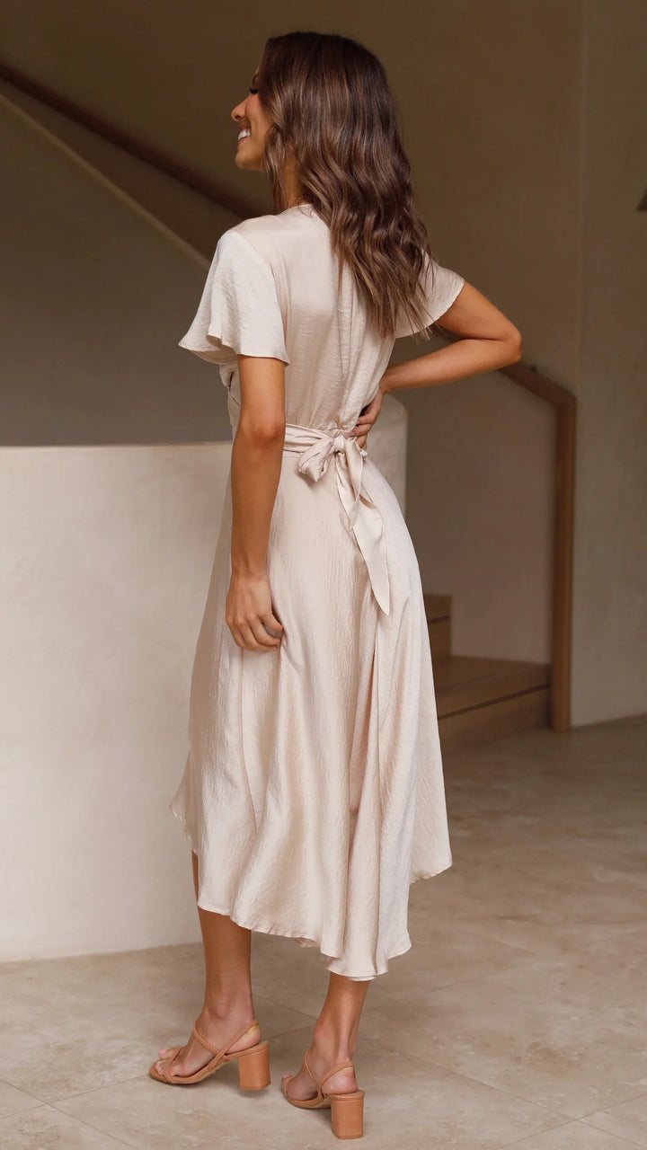 Abito Midi Donna in Raso Scollo a V Maniche Farfalla Gonna Asimmetrica