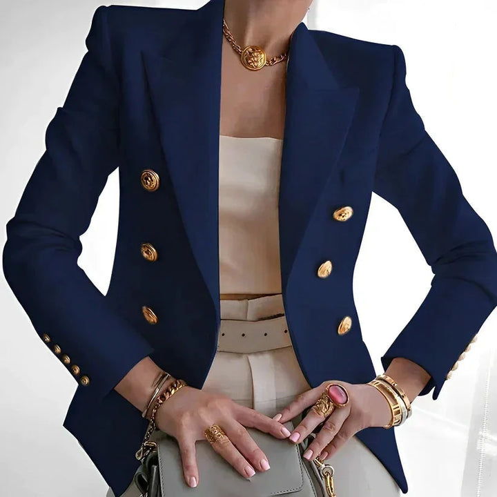 Blazer femme noir à double boutonnage, avec boutons dorés, au design classique et en tissu durable.