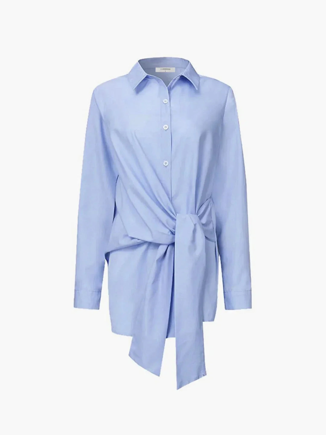 Blouse femme bleu, nouée devant, manches boutonnées, en coton léger, design élégant et décontracté pour toutes occasions.
