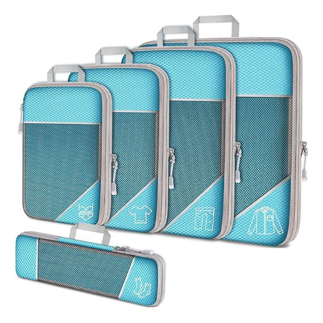 Set di organizer da viaggio blu, 5 pezzi, con cerniera e manico, per valigia. Include borse per vestiti, scarpe e accessori.