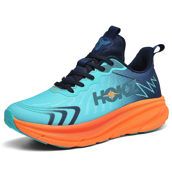 Scarpa da corsa uomo, design moderno, colore turchese e arancione, suola ammortizzata, marchio visibile, ideale per running e sport all'aperto.