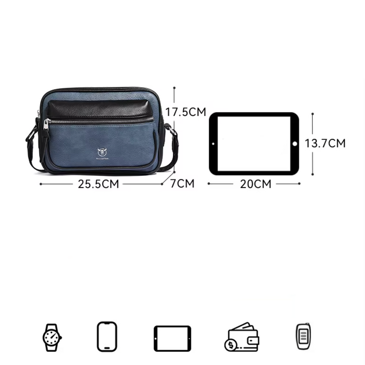 Borsa a tracolla in pelle blu e nera, dimensioni 25,5x17,5x7 cm, con tasca frontale con zip. Adatta per tablet 20x13,7 cm. Icone di accessori inclusi.